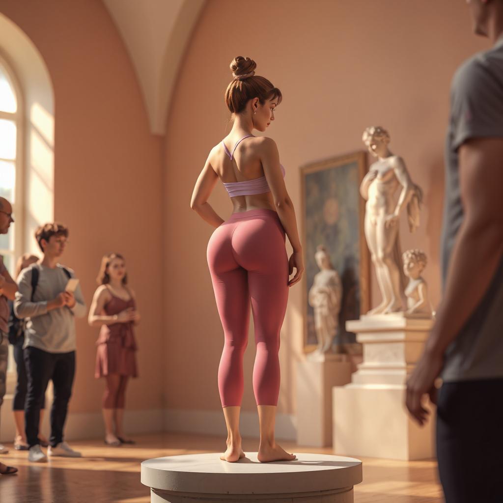 A woman in yoga pants stands on a museum pedestal, admired like a classical sculpture. A modern representation of the word Callipygian, meaning beautifully shaped buttocks.